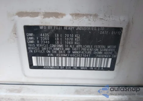 2012 Subaru Legacy 2.5I Premium из США, поврежденный, VIN 4S3BMCF60C3021041